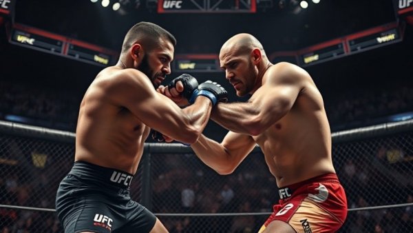 UFC 322 Islam Makhachev fight scene, intense grappling.