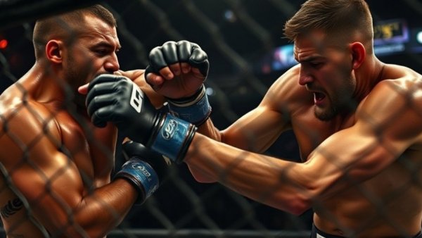 MMA fighters in intense grapple within UFC cage; Islam Makhachev wins 170-pound title.