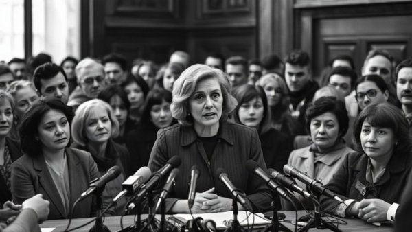 Bhutto at press conference, first woman prime minister, Pakistan election.