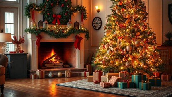 Festive room with tassels, holiday decor, Christmas tree and gifts.