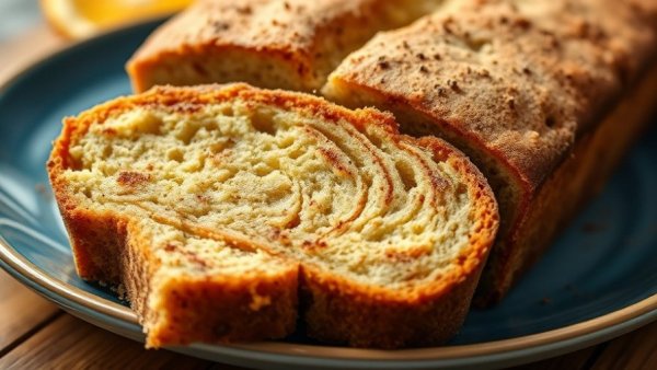 Dairy-free citrus loaf cake, sliced on blue plate.