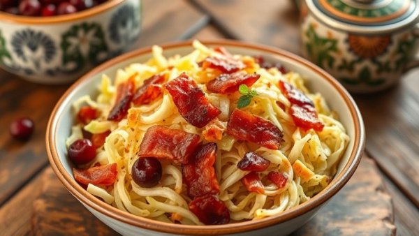 Maple bacon fried cabbage recipe in ceramic bowl on wooden table.