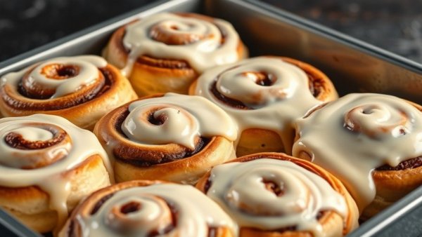 Best cinnamon rolls with creamy icing in baking tray.