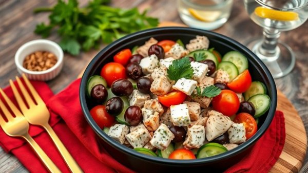 Greek salad in Fresno with chicken, olives, and feta cheese.