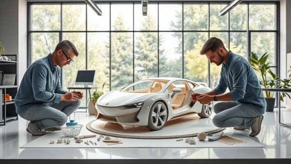 Designers crafting clay car model in modern studio, business trends 2025.