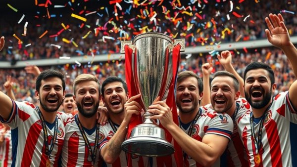 Sports team celebrating with trophy amid confetti.