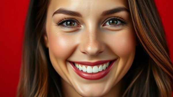 Confident woman smiling against a red background.