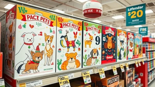 Colorful pet advent calendars on store shelf featuring cute cat and dog designs.