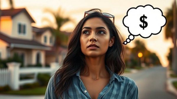 Woman pondering home value with dollar sign thought bubble.