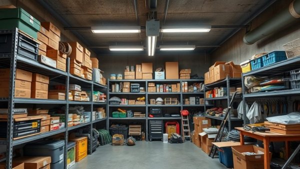 Optimize garage storage: metal shelves with boxes and tools, lit organization.