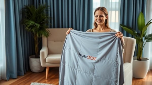 Woman unfolding HigherDOSE infrared sauna blanket in cozy home.