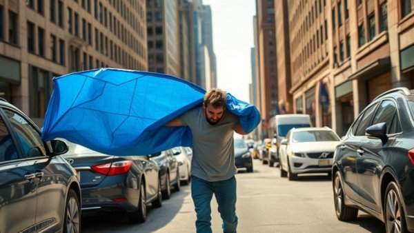 Man walking in city with tarp, highlighting urban housing issues.