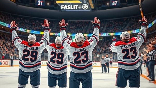 Hockey players celebrate victory in a vibrant, cheering arena atmosphere.