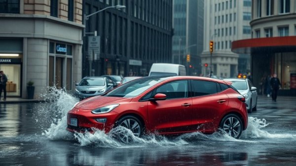 Red electric car driving through flooded street in heavy rain.