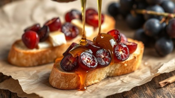Delicious roasted grape and brie crostini on parchment paper.