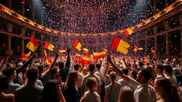 Festive moment in La Bohème at LA Opera with flags and confetti.