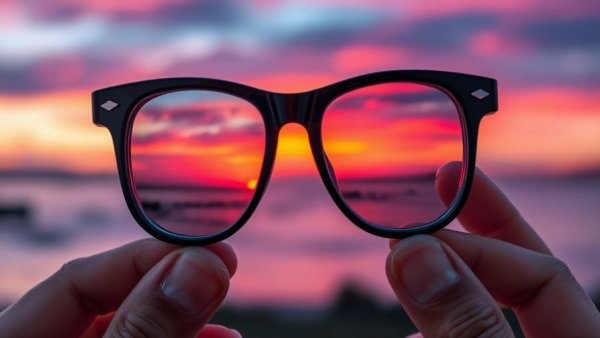 Impressionist depiction of living with vision loss, vibrant sunset through glasses.