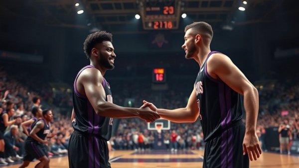 Lakers win celebration with handshake on court.