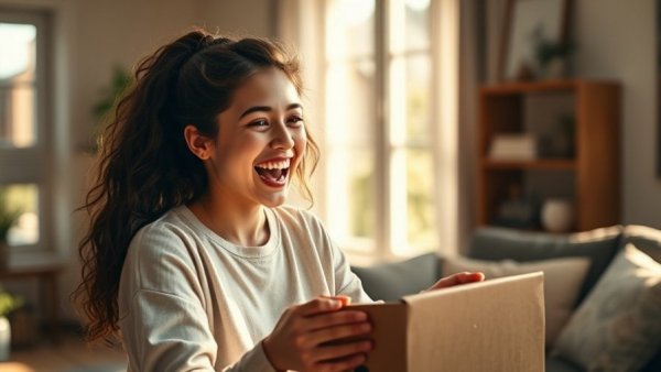 Young woman joyfully unboxing a gift in a cozy room. Best Gifts to Buy for Yourself.