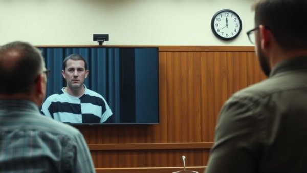 Court hearing via video with Ohio officer in prison attire.