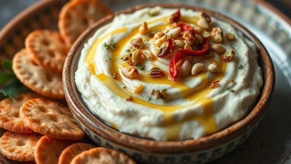 Appetizing Garlic Herb Cheese Dip with honey & chili crisp on a plate.