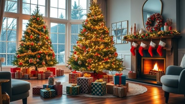 Holiday gift exchange themes in a cozy and festive living room.