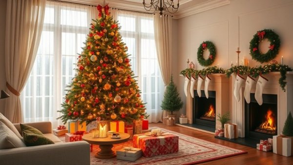 Cozy living room with Christmas tree and gifts for holiday gift exchange theme ideas.