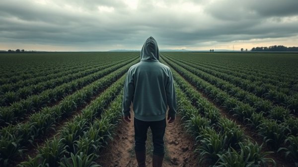 Hooded figure in California farmland under a cloudy sky, highlighting isolation.