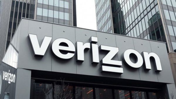 Prominent Verizon logo on building; corporate urban setting.