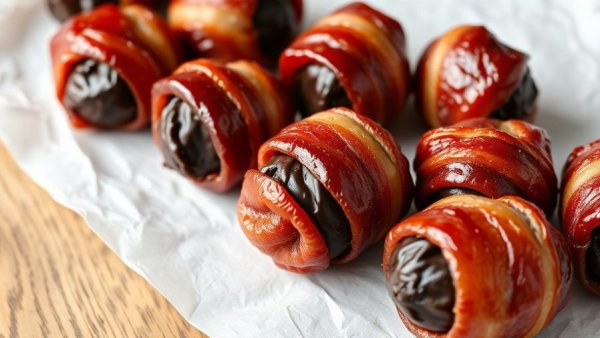 Appetizing bacon-wrapped dark chocolate stuffed dates with toothpicks.