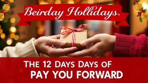 Festive banner for Pay It Forward Contest Bakersfield with gift exchange.