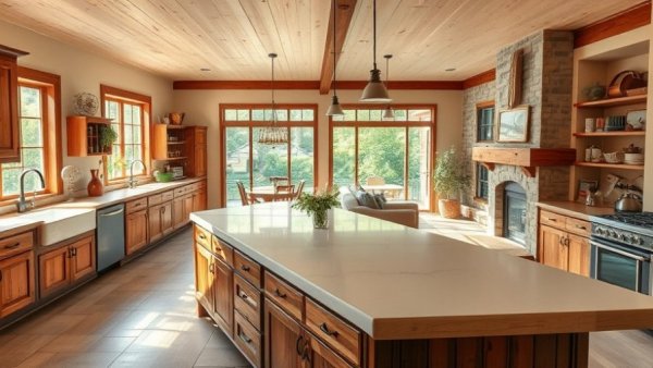 Open kitchen and living room in Southern-style farmhouse design