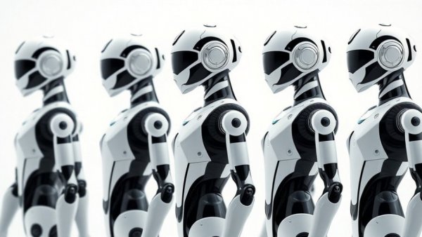 Minimalistic teleoperated humanoid robots in a futuristic setting.