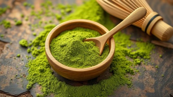 Vibrant green matcha powder in a wooden bowl and spoon, alternative to caffeinated coffee.