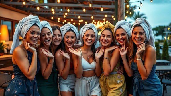 Smiling group enjoying a moment of wellness and gratitude.