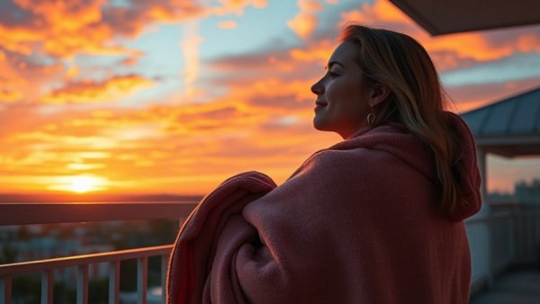 Peaceful woman enjoying sunset on balcony; healing is not a full-time job.