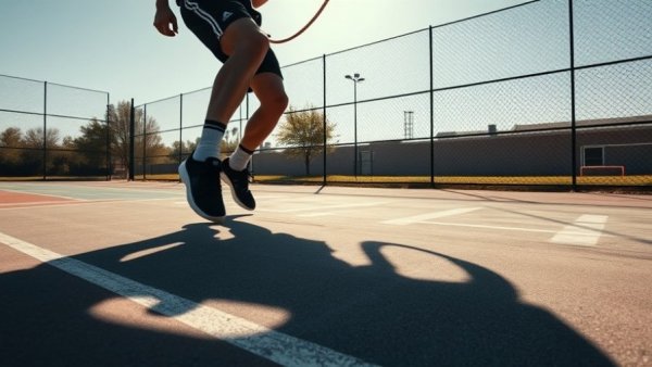 Man jump roping on outdoor court, shadow cast on ground.
