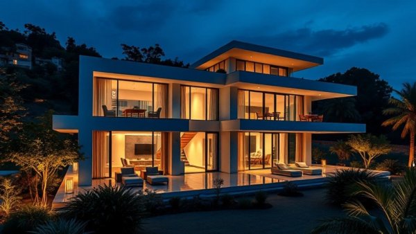 Modern luxury home design illuminated at night, showcasing custom home design decisions.