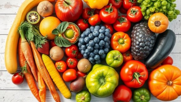 Vibrant fruits and vegetables on wooden table curb sugar cravings.