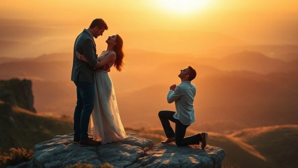 Romantic proposal on a mountain cliff at sunset, San Diego North County.