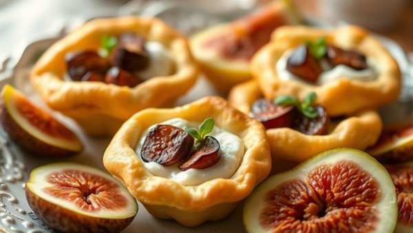 Fig & Goat Cheese Puff Pastry Bites on ornate plate with figs.
