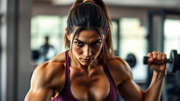 Focused woman working out in gym, promoting exercises to lift breasts naturally.