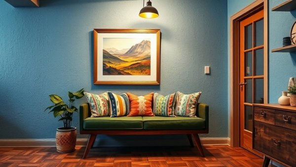 Unique framing ideas for home decor featuring cozy room with colorful accents.