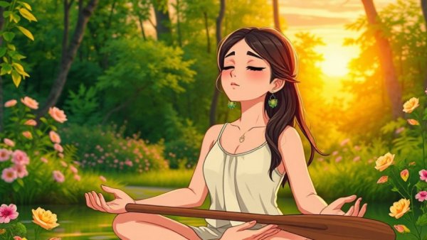 Serene woman meditating in nature, self-care strategies