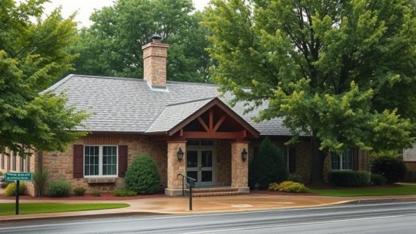 California nursing home entrance with stone facade and trees.