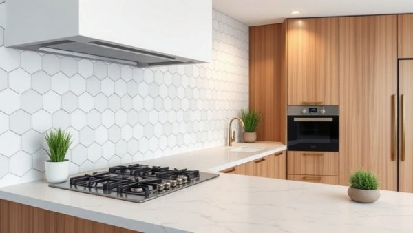 Modern kitchen with hexagonal tiles and easy maintenance tips for backsplash.