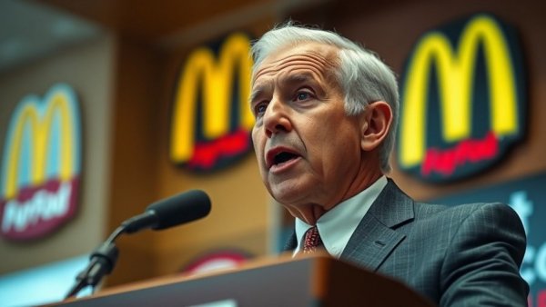 Older man speaking at podium with fast-food logo in background, discussing California fast-food minimum wage impact.