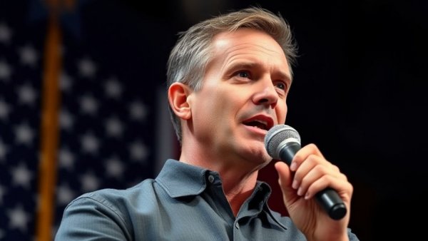 Confident speaker with microphone in front of American flag at California event.