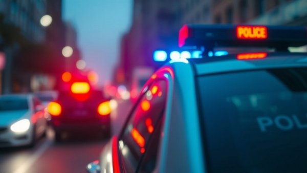 Blurred police car with flashing lights at night.