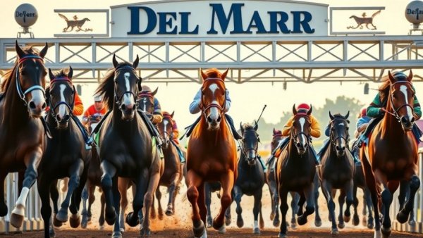 Del Mar horse racing picks at vibrant race start with jockeys.